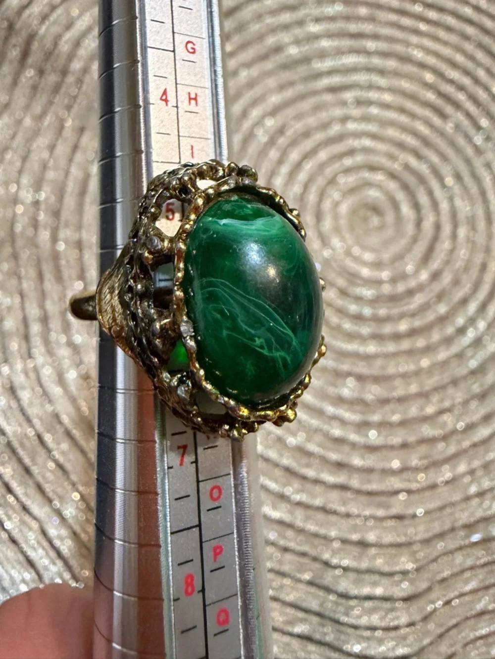 Vintage Style Green Stone Statement Ring Adjustable Gold Tone Cabochan Oval Boho
